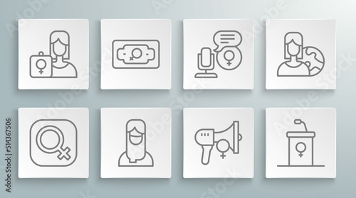 Set line Female gender, Money growth woman, Muslim in hijab, Feminist activist, Debate podium rostrum, Microphone, Women from different countries and icon. Vector