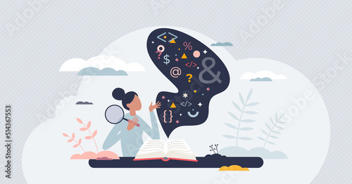 Learning new information and read educational books tiny person concept. Expand mind horizon with personal knowledge development and growth vector illustration. Wise woman study academic information.