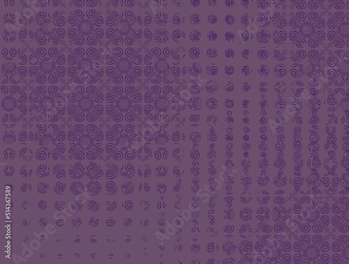 Horizontal illustration, purple abstract flowers on purple dusty purple background, halftone