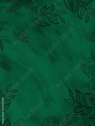 Vertical or horizontal illustration with copyspace, black branches silhouettes on grungy green background with space for text