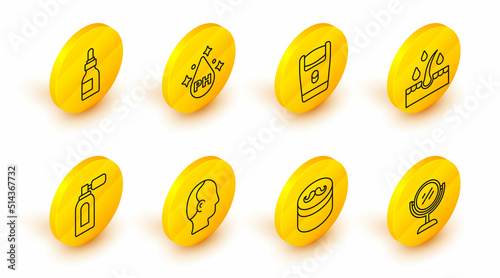 Set line Hand mirror, Gel wax for hair styling, Baldness, Aftershave with atomizer, Oil care treatment, Electric razor blade, and bottle icon. Vector