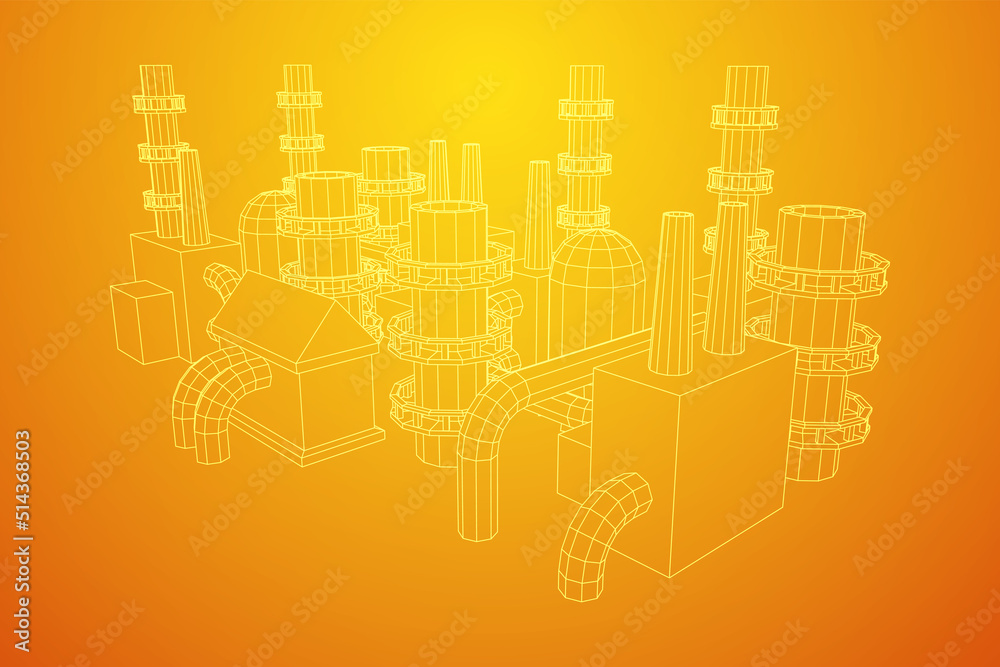 Industrial building factorie facilitie power plant. Wireframe low poly mesh