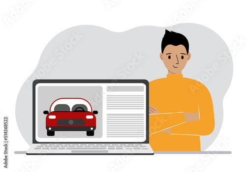 The concept of renting or buying a car. A man with a laptop on which site about the car.