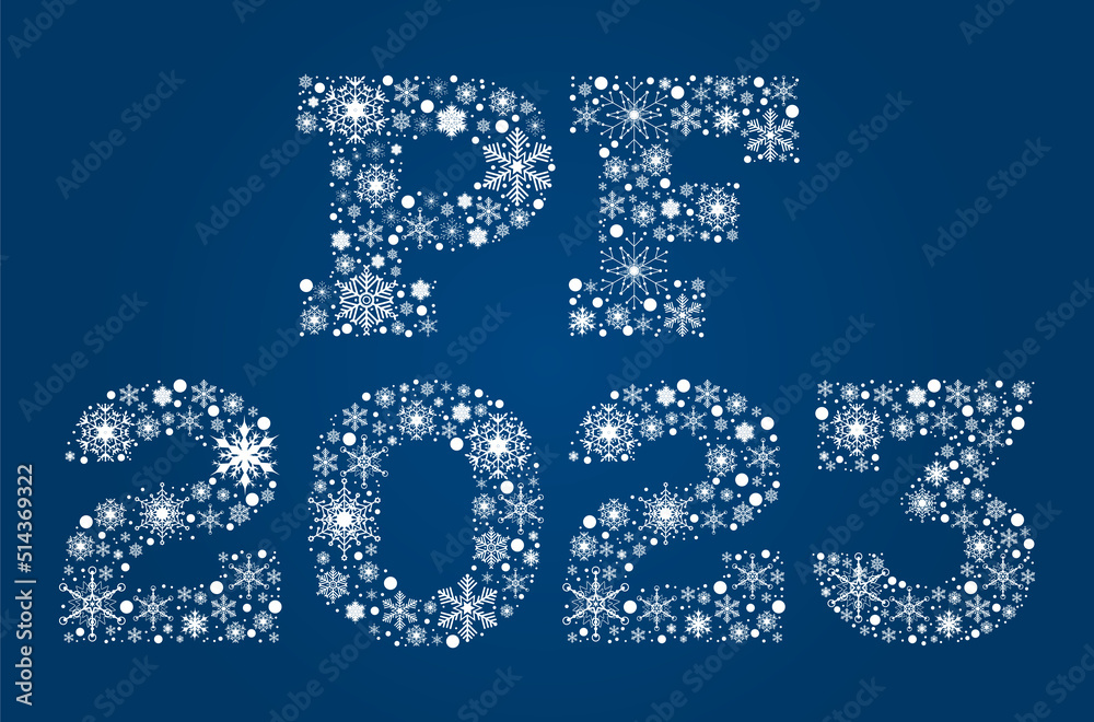 Inscription PF 2023 from white snowflakes on blue background Inscription PF 2023 from white snowflakes on blue background