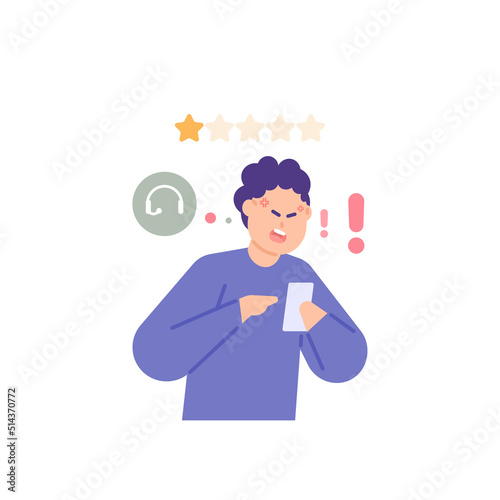 customer complaints. a customer, user, or buyer calls customer service while angry using a smartphone. emotions, bad ratings, bad service, disappointed and annoyed. flat cartoon illustration. concept 