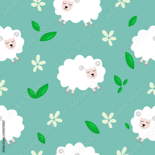 Seamless pattern with cute sheep and lambs. Loop pattern for fabric, textile, wallpaper, posters, gift wrapping paper, napkins, tablecloths. Print for kids. Children's pattern vector illustration.