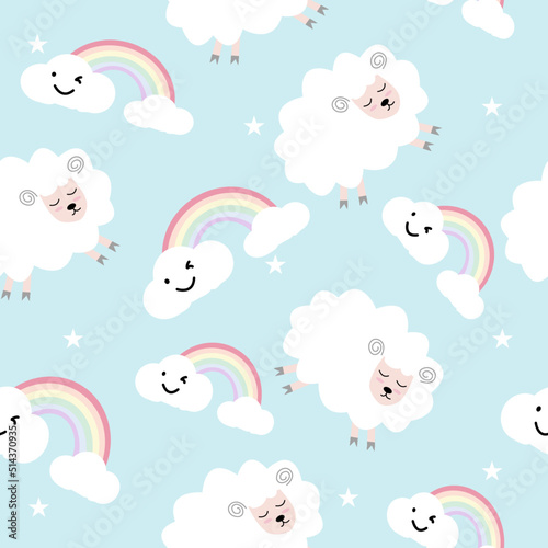 Seamless pattern with cute sheep and lambs. Loop pattern for fabric, textile, wallpaper, posters, gift wrapping paper, napkins, tablecloths. Print for kids. Children's pattern vector illustration.
