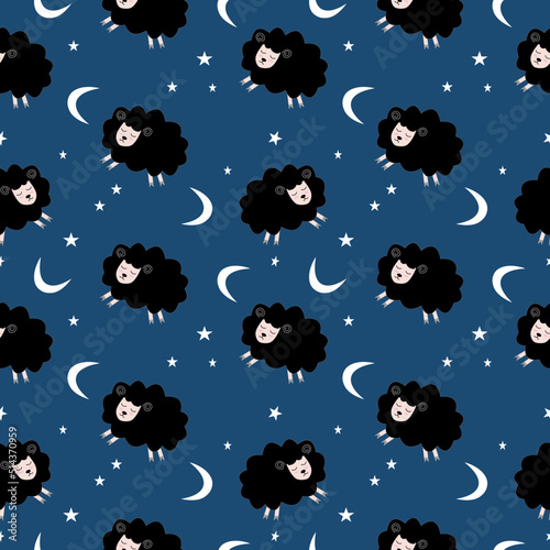 Seamless pattern with cute sheep and lambs. Loop pattern for fabric, textile, wallpaper, posters, gift wrapping paper, napkins, tablecloths. Print for kids. Children's pattern vector illustration.