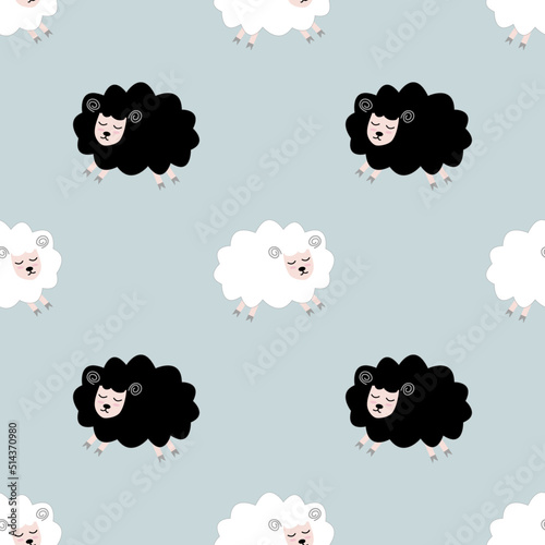 Seamless pattern with cute sheep and lambs. Loop pattern for fabric, textile, wallpaper, posters, gift wrapping paper, napkins, tablecloths. Print for kids. Children's pattern vector illustration.