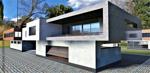 Concrete wall and gray tiles as decoration. Side view of a modern spacious house. 3d render. Good for resources about contemporary real estate design. 