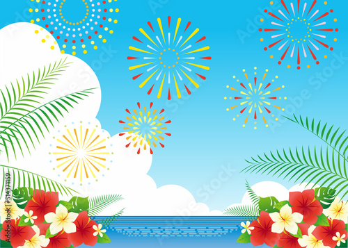 夏の海と花火の背景イラスト素材 ベクター サマー セール