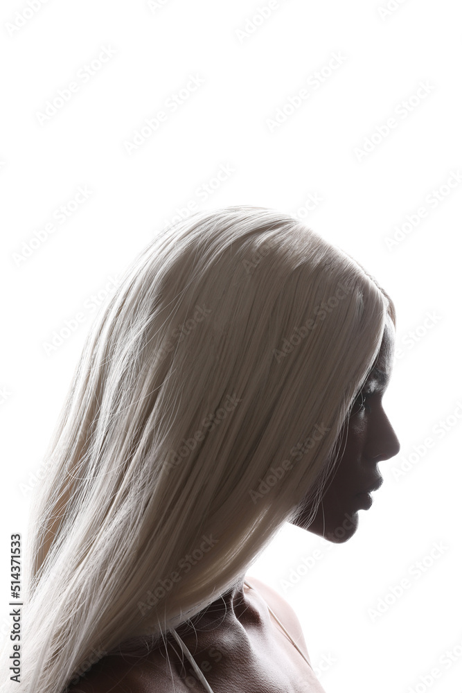 Profile portrait of African American young woman with long blond hair. Mock-up.