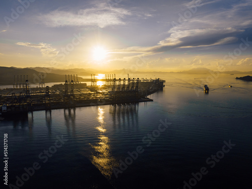 Aerial view of beautiful sunrise at Yantian international container terminal in Shenzhen city, China