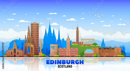 Edinburgh Scotland (UK) skyline with panorama at sky background. Vector Illustration. Business travel and tourism concept with modern buildings. Image for banner or web site. 