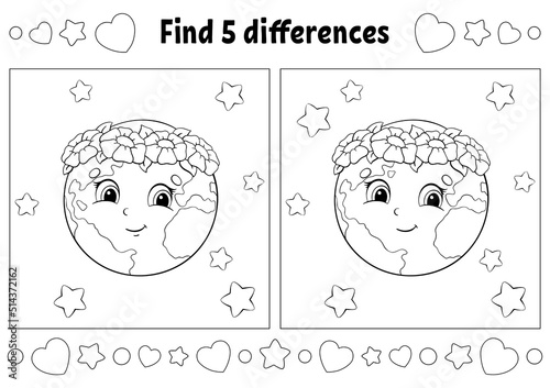 Find five differences. Coloring page for kids. Activity worksheet for children. Vector illustration isolated on white background.