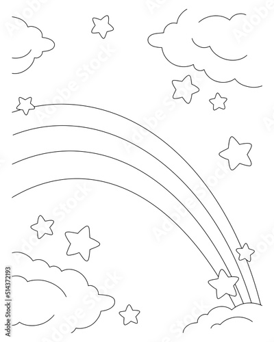 Scene with rainbow, cloud and stars. Coloring book page for kids. Cartoon style character. Vector illustration isolated on white background.