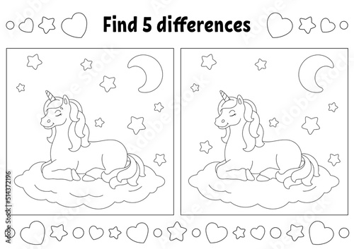 Find five differences. Coloring page for kids. Activity worksheet for children. Vector illustration isolated on white background.