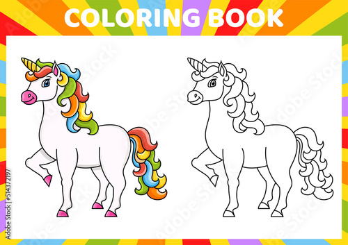 Cute unicorn. Magic fairy horse. Coloring book page for kids. Cartoon style. Vector illustration isolated on white background.