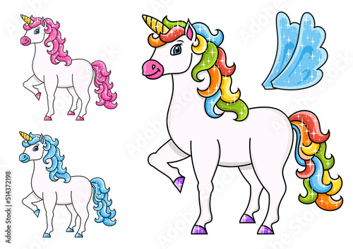 Cute unicorn with wings. Magic fairy horse. Cartoon character. Colorful vector illustration. Isolated on white background. Design element.