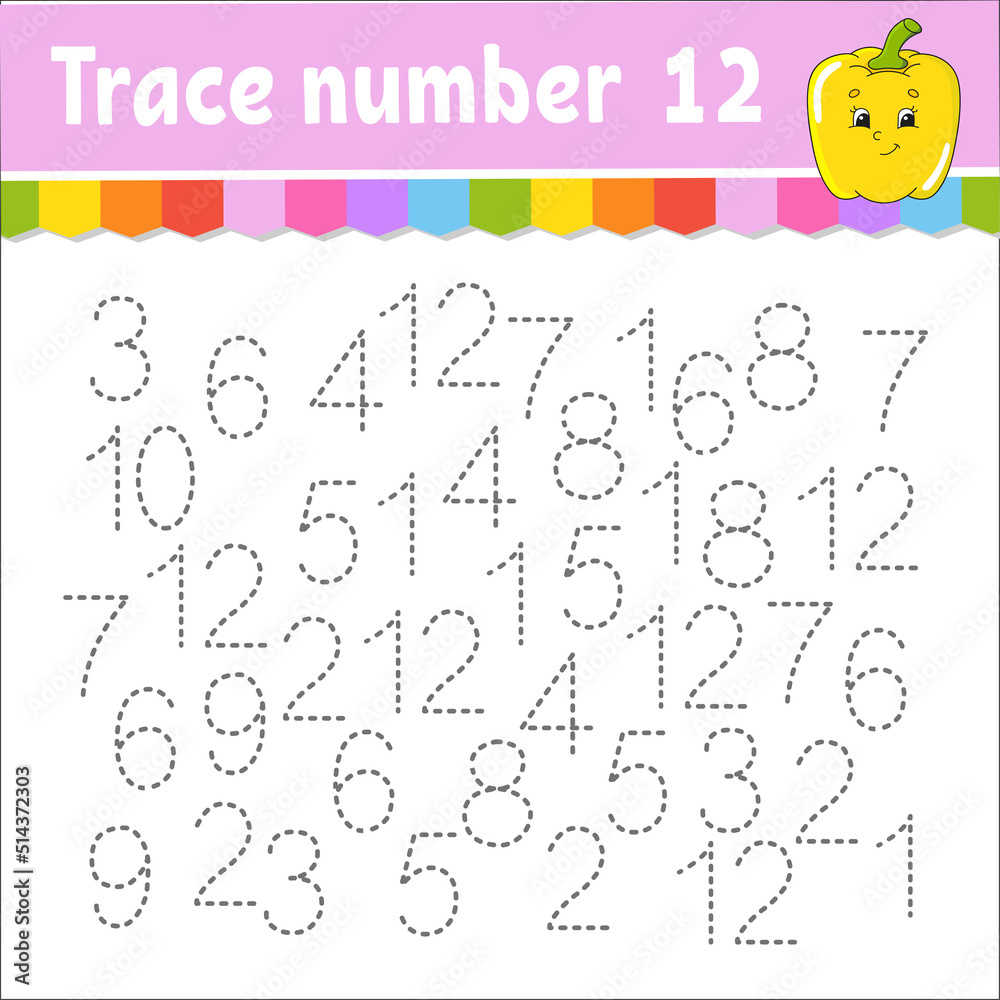 Obraz premium Trace number . Handwriting practice. Learning numbers for kids. Education developing worksheet. Activity page. Game for toddlers and preschoolers. Isolated vector illustration in cute cartoon style.