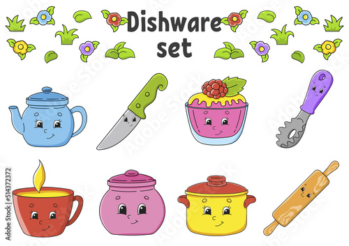 Set of stickers with cute cartoon characters. Hand drawn. Colorful pack. Vector illustration. Dishware theme. Patch badges collection for kids. For daily planner, organizer, diary.