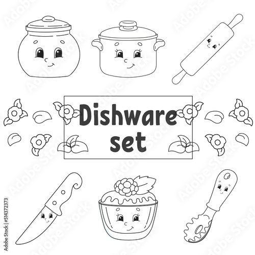 Coloring book for kids. Cheerful characters. Dishware theme. Vector illustration. Cute cartoon style. Black contour silhouette. Isolated on white background.