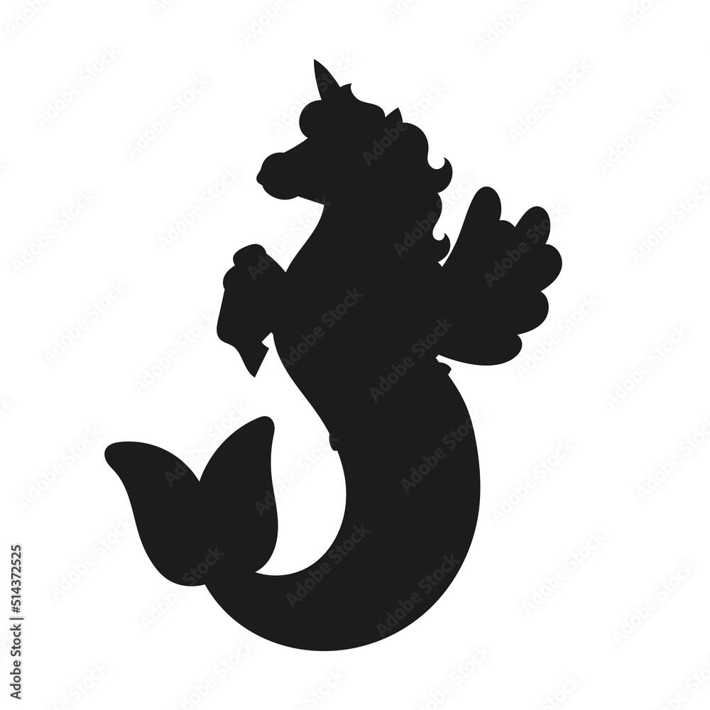 Black silhouette. Cute mermaid unicorn. Vector illustration isolated on ...