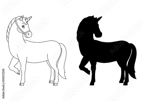 Magic fairy unicorn. Cute horse. Black silhouette. Design element. Vector illustration isolated on white background. Template for books, stickers, posters, cards, clothes.