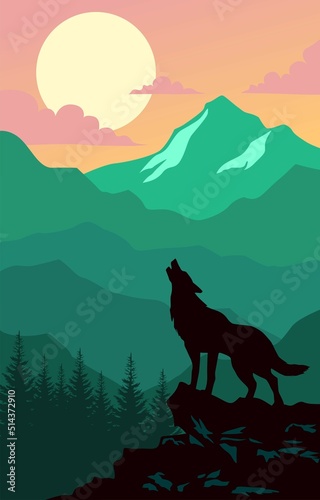 silhouette of a wolf on the mountain