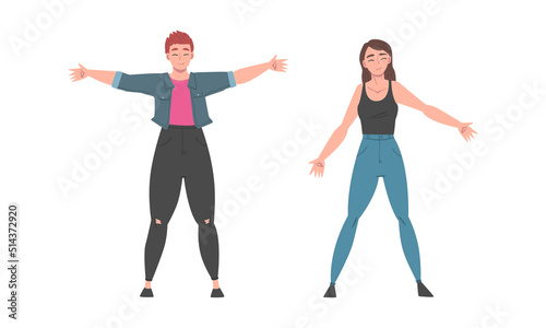 Cheerful Young Man and Woman Standing with Wide Open Arms as Welcome and Solidarity Gesture Vector Set