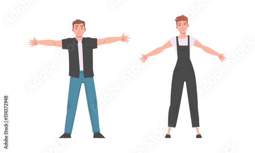 Cheerful Young Man Standing with Wide Open Arms as Welcome and Solidarity Gesture Vector Set