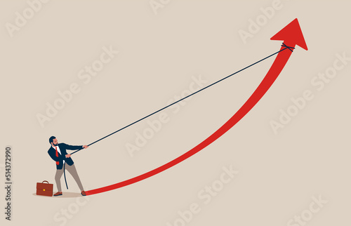 Grow chart up increase profit sales and investment. Businessman standing on arrow graph and pulling it upwards with rope. 