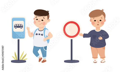 Little Boy Pedestrian Learning Road Sign and Traffic Rule Vector Illustration Set