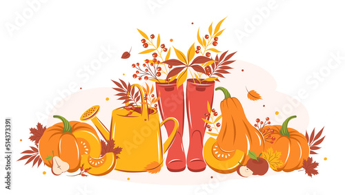 Holiday card with pumpkin, fruit, cute wellies boots, watering can and autumn leaves. Hello Autumn. Happy thanksgiving. Vector illustration