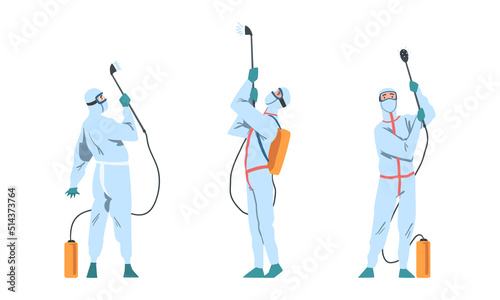 Man in Protective Antiviral Suit Spraying Disinfectant Agent as Preventive Measure Against Spread of Coronavirus Disease Vector Set