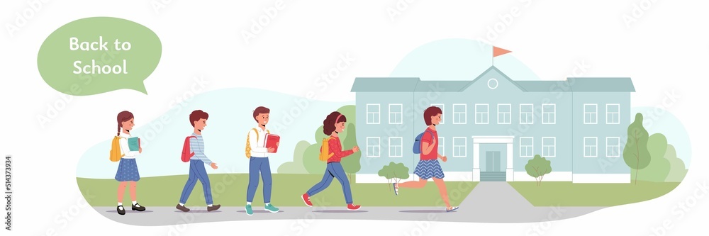 Group of school children back to school. Kids go and run into school building. Education Horizontal banner. Flat vector illustration. 