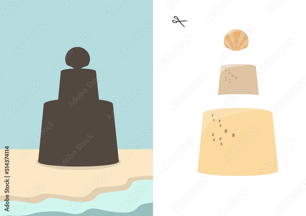Cut out sand castle, game for children. Cartoon activity page for kids for summer season. Vector. Cut out sand castle, game for children. Cartoon activity page for kids for summer season. Vector.