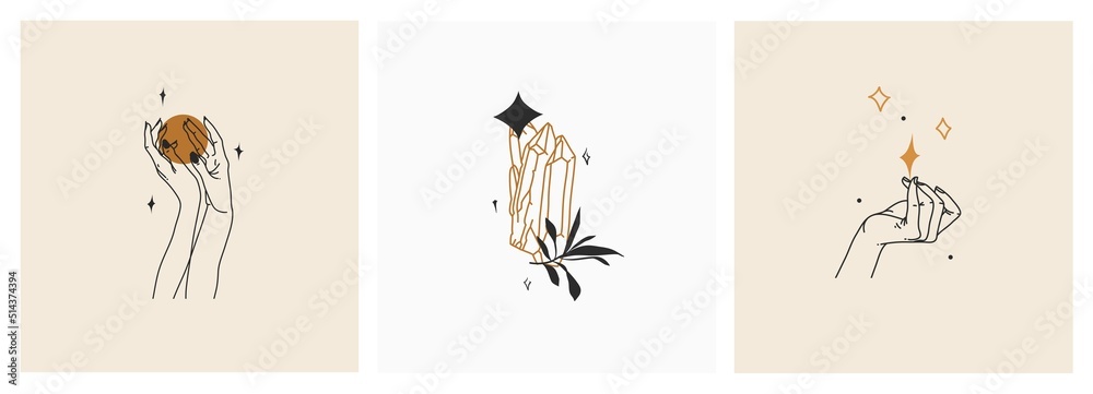 Hand drawn vector abstract stock flat graphic illustrations set with logo element,bohemian astrology magic art of galaxy space,crescent moon,stars,sun and human silhouette,simple style for branding.