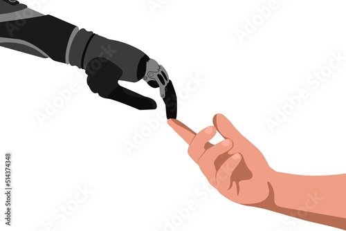 Human and Robot partnership. Robot Hand and Human Hand. Cooperation and solution finding with AI. Concept of future innovations, Diversity and Inclusion people. Vector illustration.