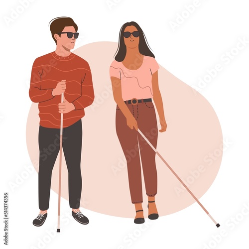 Young Blind people in dark glasses standing with a Cane. People with physical Disability holding Cane. Vision Disability, Eyes Disease. Flat vector illustration. 
