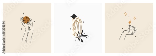 Hand drawn vector abstract stock flat graphic illustrations set with logo element,bohemian astrology magic art of galaxy space,crescent moon,stars,sun and human silhouette,simple style for branding.