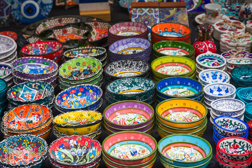 Mediterranean style ceramic bowls at Brick Lane Market in London