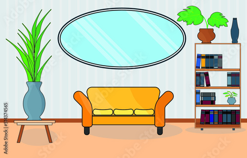 Living Room interior Furniture Yellow sofa bookcase, Mirror and Plant. Flat style vector illustration
