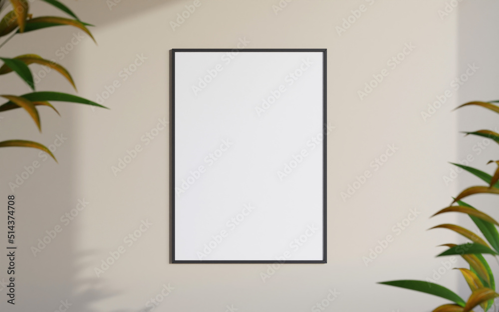 Clean and minimalist front view portrait black photo or poster frame mockup hanging on the wall with blurry plant. 3d rendering. Clean and minimalist front view portrait black photo or poster frame mockup hanging on the wall with blurry plant. 3d rendering.