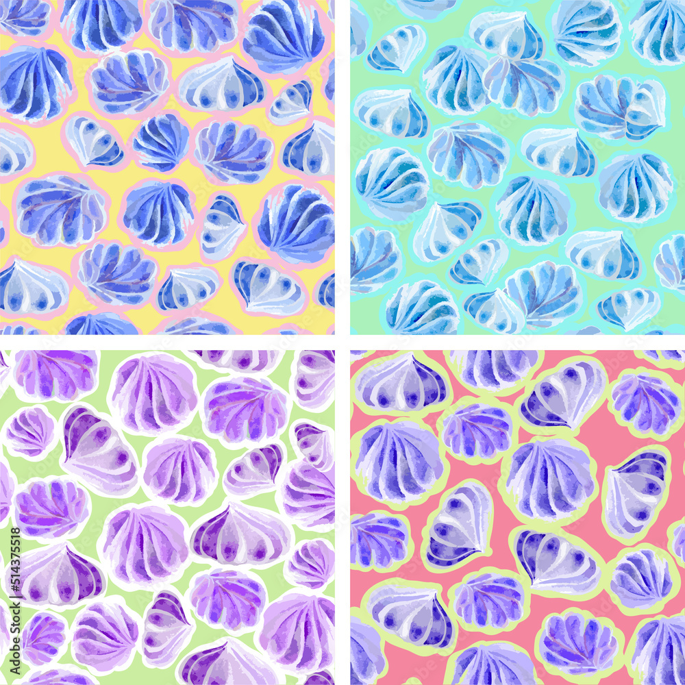 Fototapeta premium A set of seamless raster backgrounds. Textures of meringue drawings of candy desserts, Confectionery. Stylization of watercolors. For packaging design.
