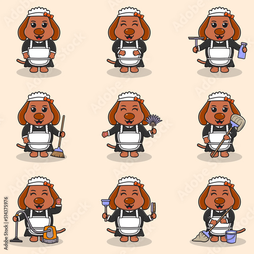 Vector illustration of cute Dog with maid uniform. Animal character design. Dog with cleaning equipment. Set of cute Dog characters.