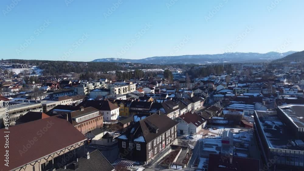Kongsberg Norway during sunny winter day - Low altitude aerial flying towards sandsvarsmoen in western part of Kongsberg Kongsberg Norway during sunny winter day - Low altitude aerial flying towards sandsvarsmoen in western part of Kongsberg