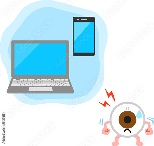 スマホ、パソコンと強張った目のキャラクター
