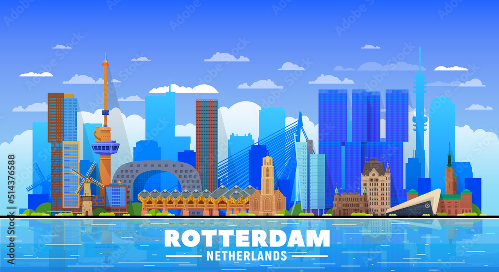 Rotterdam the Netherlands skyline with panorama at sky background. Vector Illustration. Business travel and tourism concept with modern buildings. Image for banner or web site 