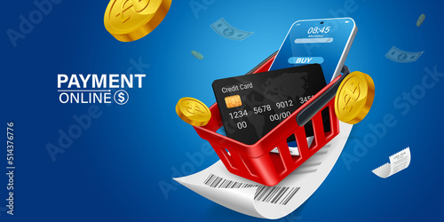 shopping basket Red on product bill. Smartphone with purchase icon on screen. Credit card payment on smartphone. Online shopping via mobile phone.shopping cart for online shopping concept,vector 3d